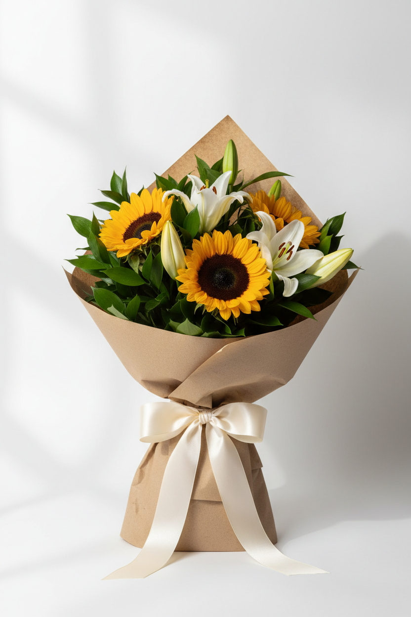 Bouquet di Girasoli e Gigli bianchi (ammirazione/legame)
