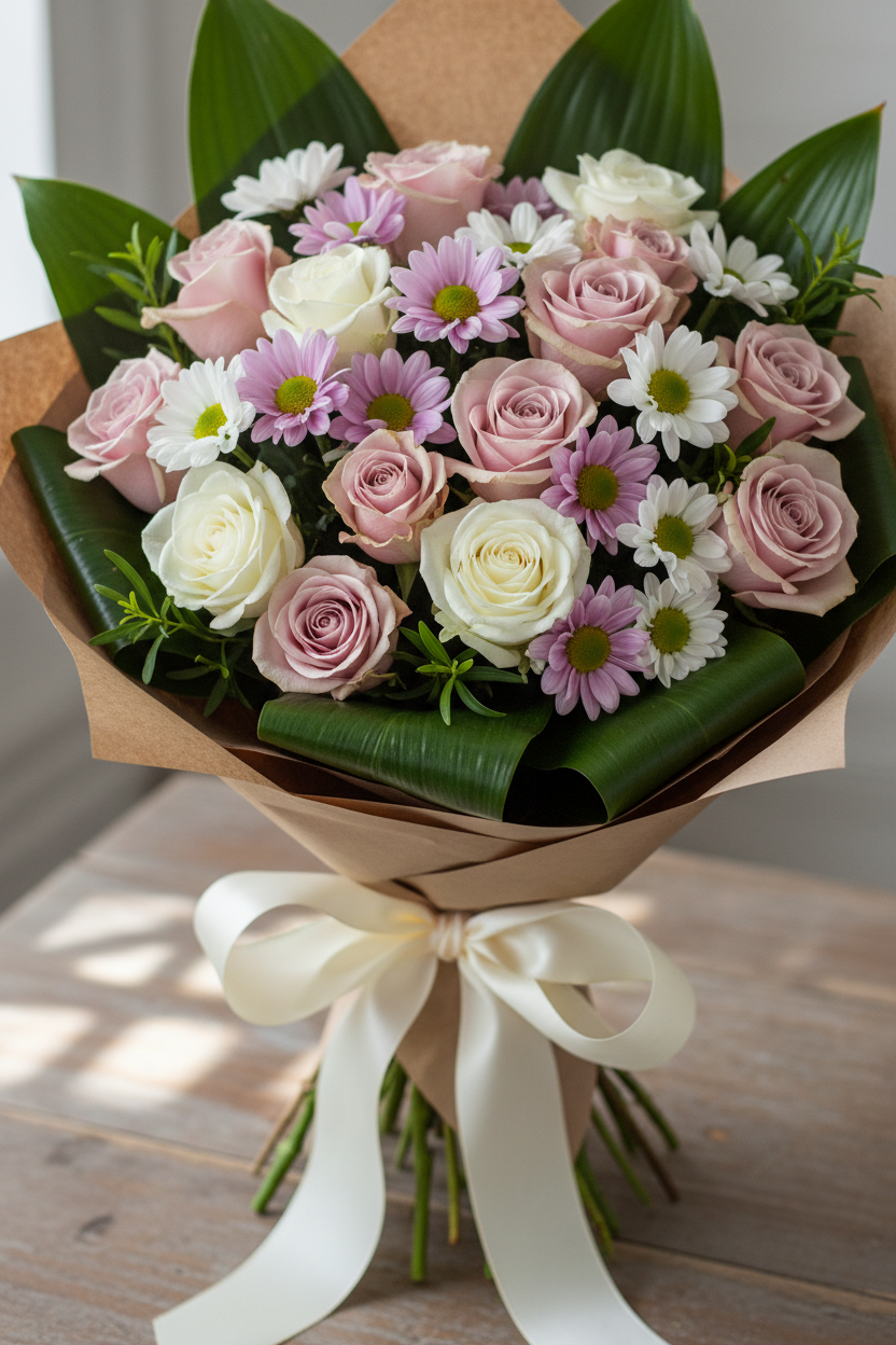Bouquet di Rose e Margherite rosa e bianche (traguardi/ringraziamenti)