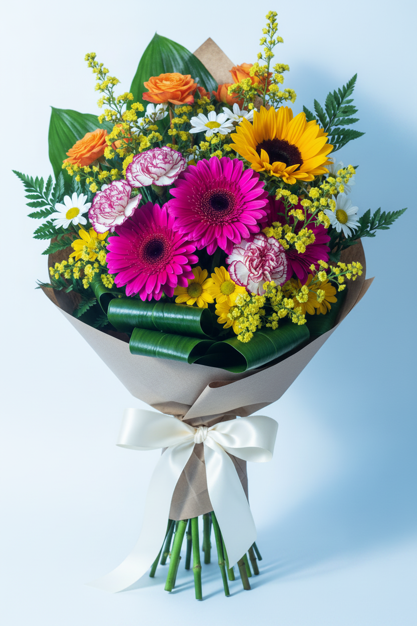 Bouquet vivace dai toni gialli, arancioni, bianchi e fucsia